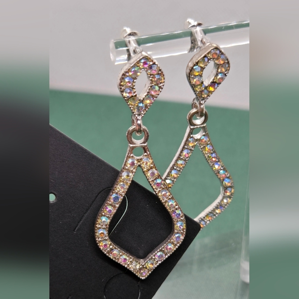 Silver Tone Multicolor AB Rhinestones Drop Earrings - Picture 7 of 16